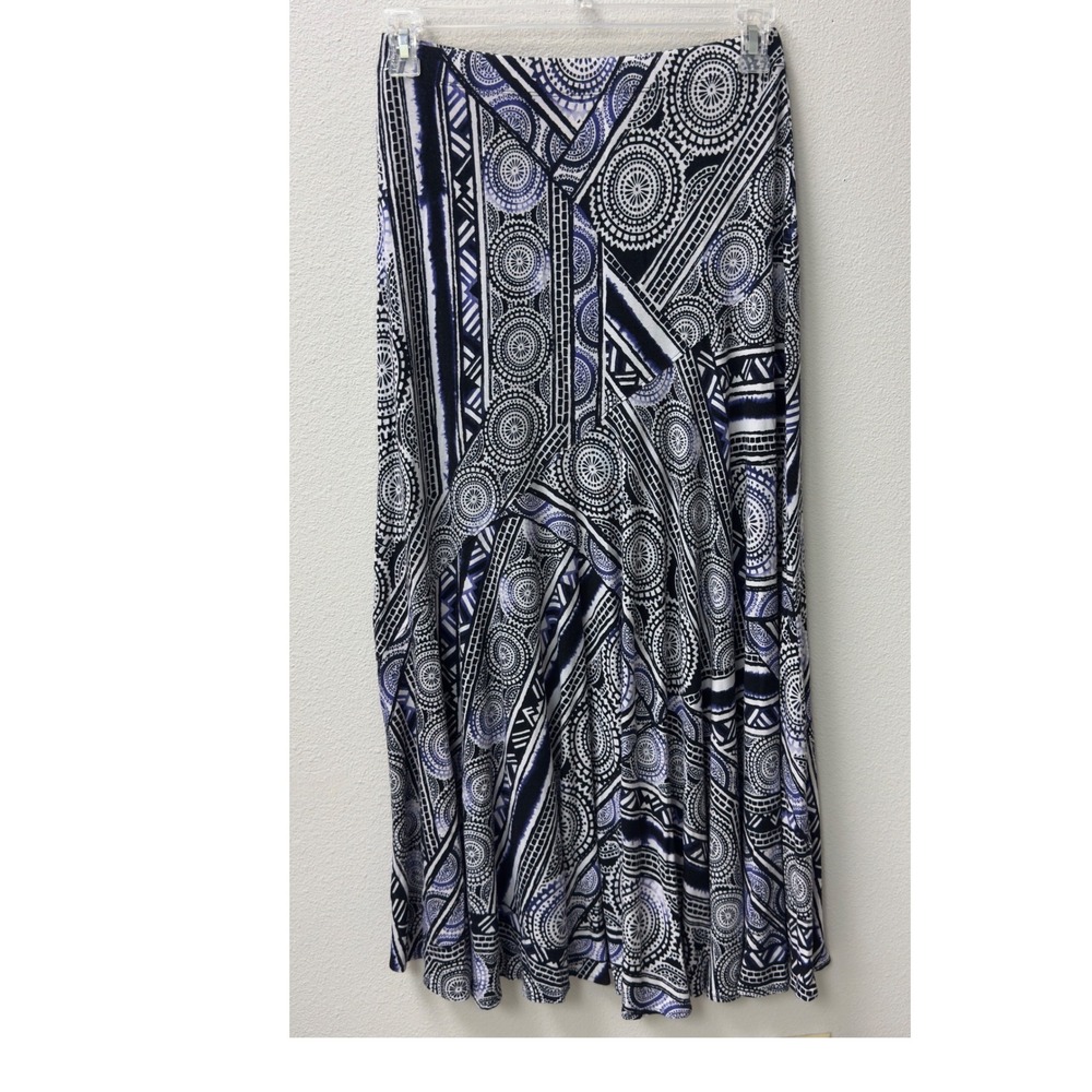 Chico's Maxi Skirt 0 Blue Geometric Medallion Rayon Spandex Boho Eclectic Summer